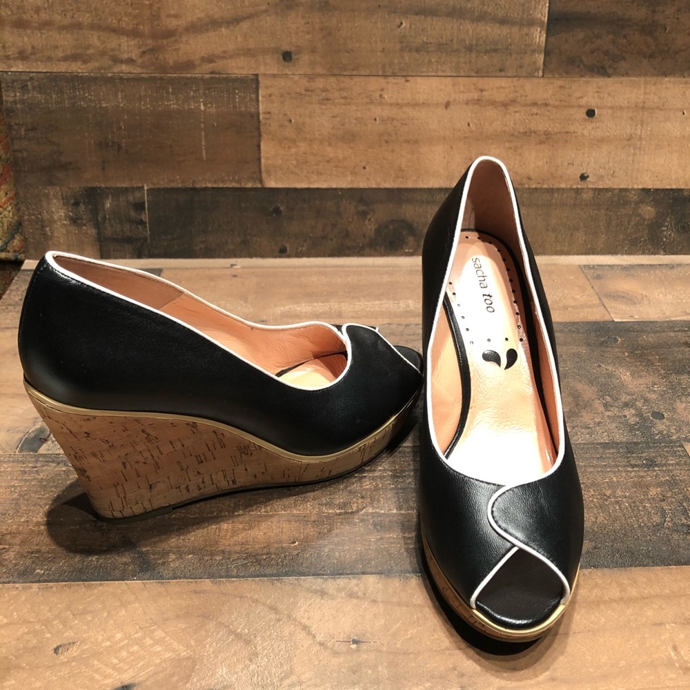 Sacha Too Peep Toe Leather Platform Wedges 8.5